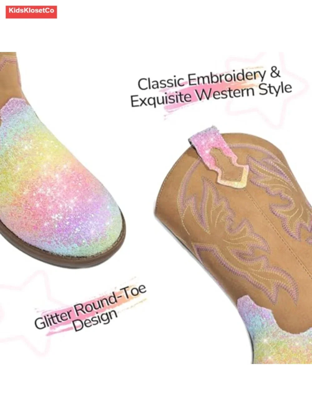Girls Glitter Cowboy Boots Round Toe Mid Calf Block Heel Zipper